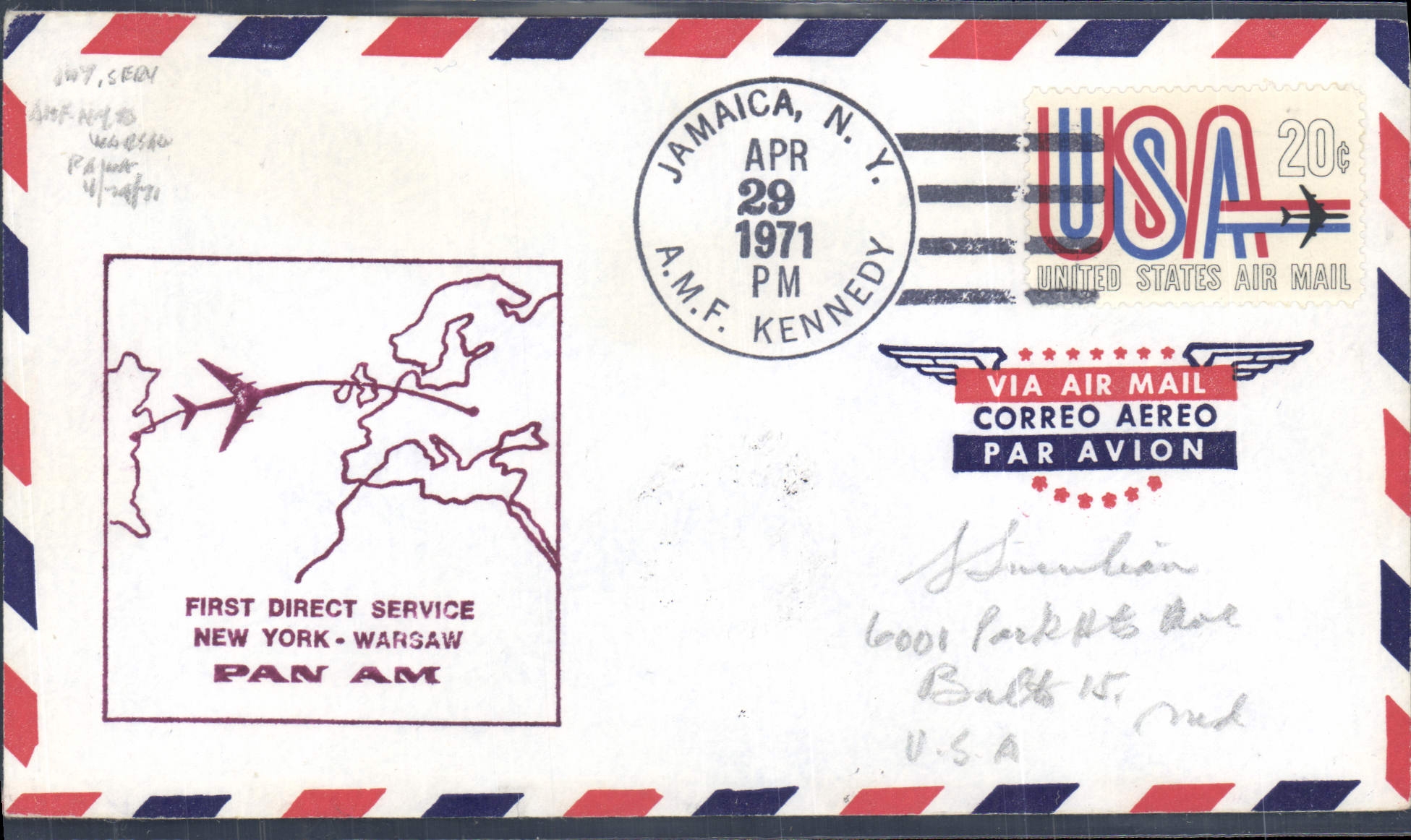 New York - Warsaw — First Direct Service Pan Am — A.M.F. Kennedy, Jamaica, N.Y.