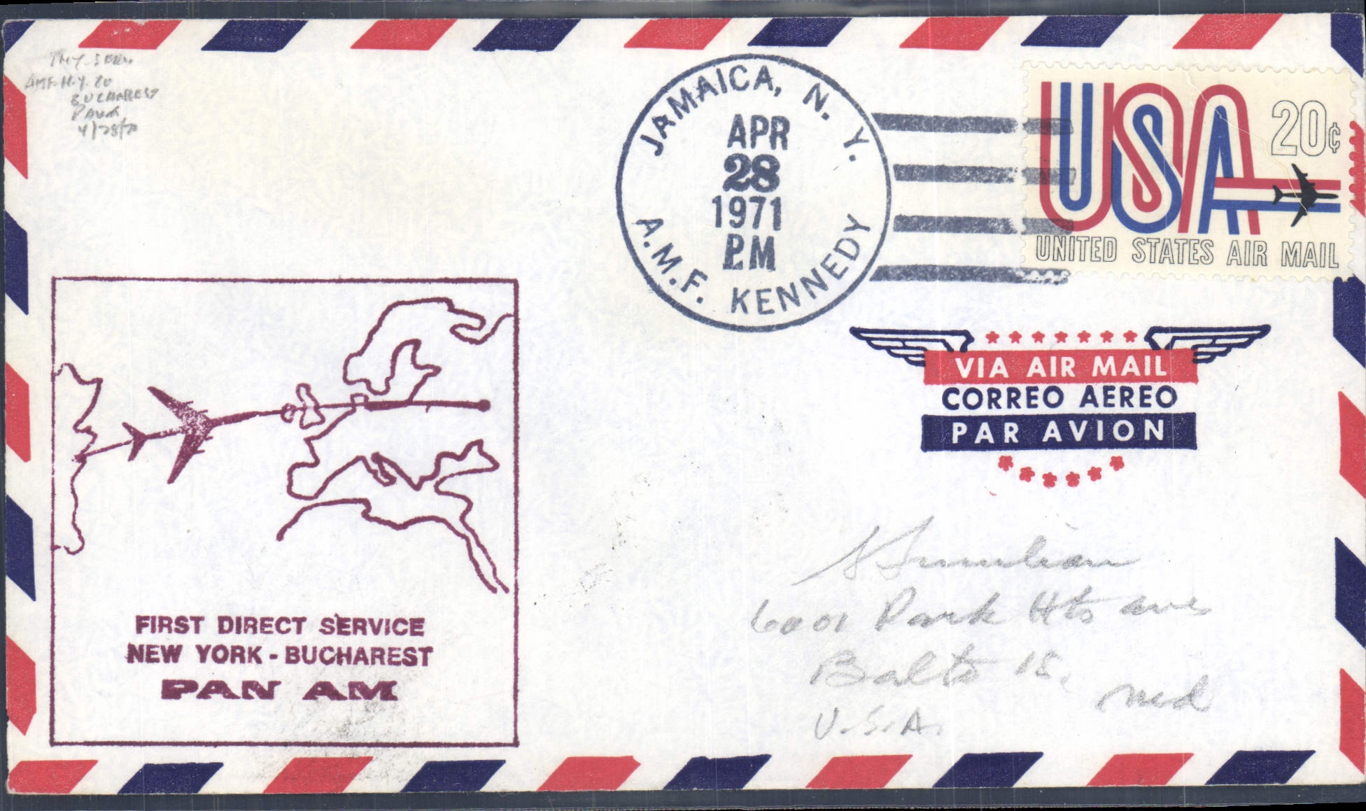 Lettre 1er Vol Etats Unis New York Bucharest Pan Anm 28 4 1971