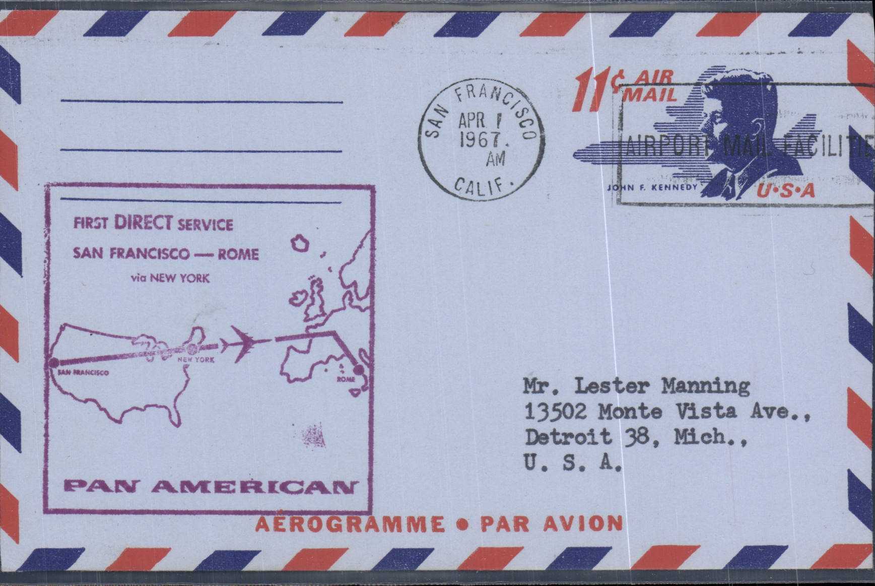 Aerogramme 1er Vol Etats Unis San Francisco Rome 1 4 1967 Kennedy