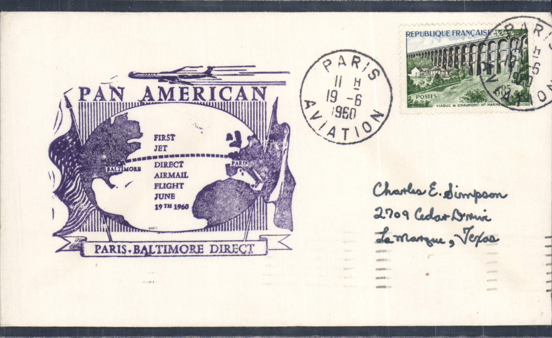 Lettre 1er Vol France Paris Baltimore 19 6 1960