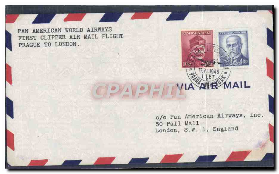 Lettre 1er Vol Tchecoslovaquie Prague to London 17 6 1946 