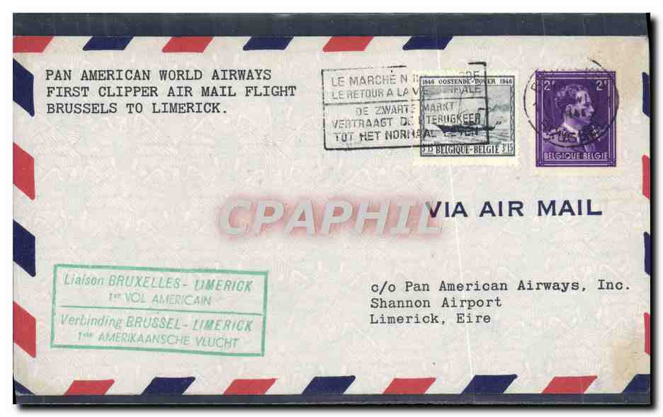 Lettre 1er Vol Belgique Brussels to Limerick Irlande Ireland Eire 17 61946