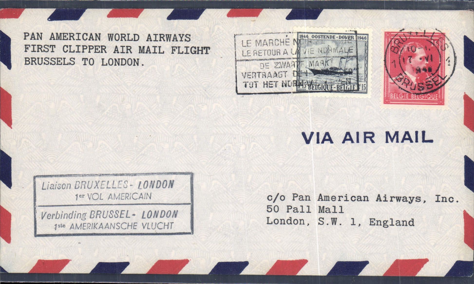 Lettre 1er Vol Belgique Brussels to London 17 6 1946