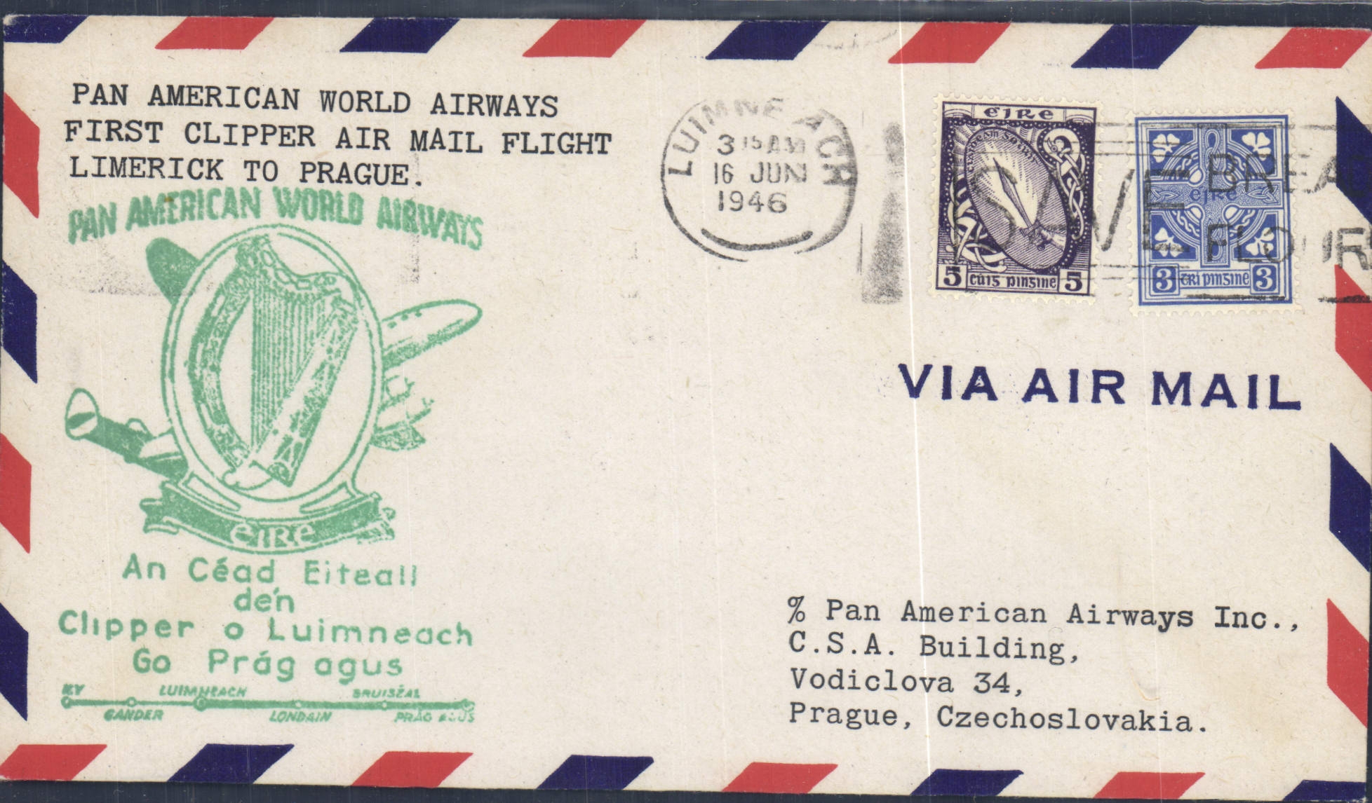 Lettre 1er Vol Irlande Limerick to Prague 16 6 1946