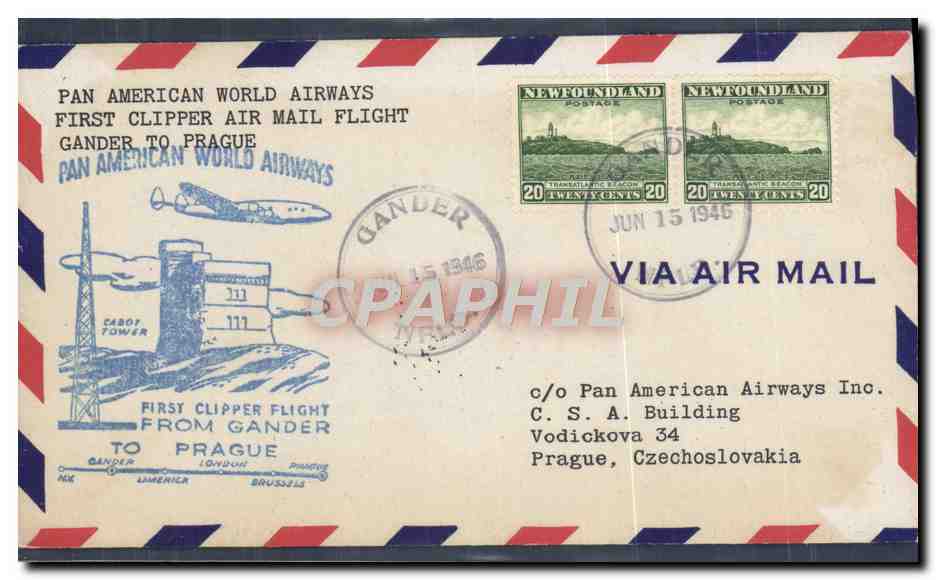 Lettre 1er Vol Newfoundland Gander to Prague 15 6 1946