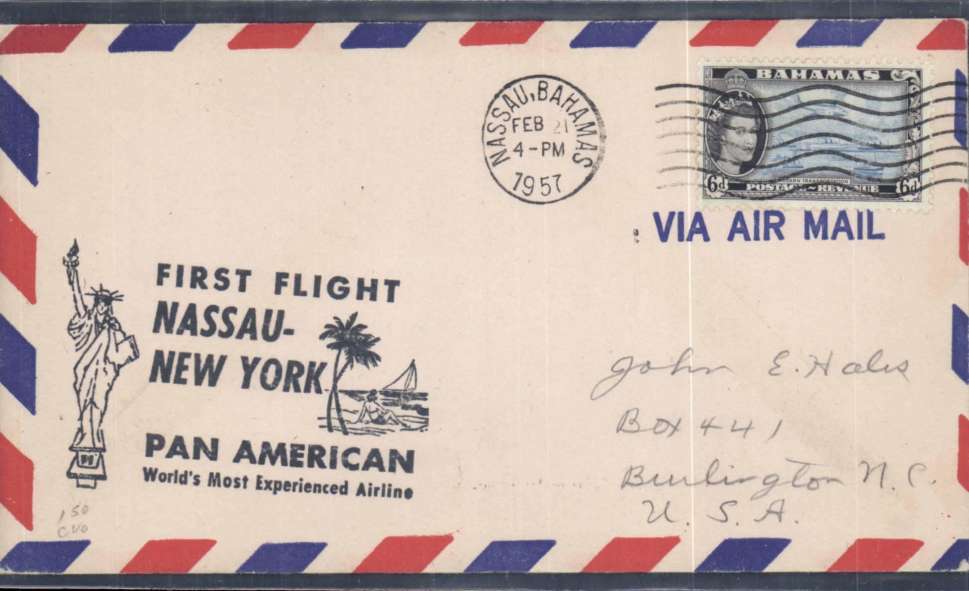 Lettre 1er Vol Bahamas Nassau New York 21 2 1957