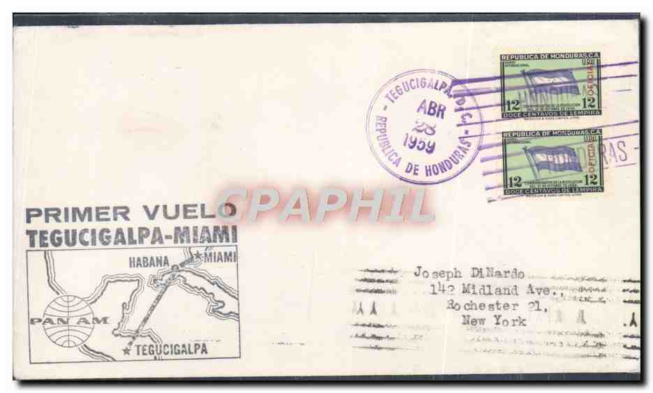 Lettre 1er Vol Honduras Tegucigalpa Miami 28 4 1959