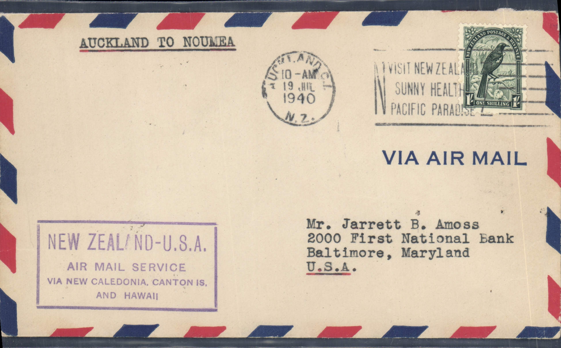 Lettre Nouvelle Zelande 1st flight Auckland to Noumea 19 7 1940