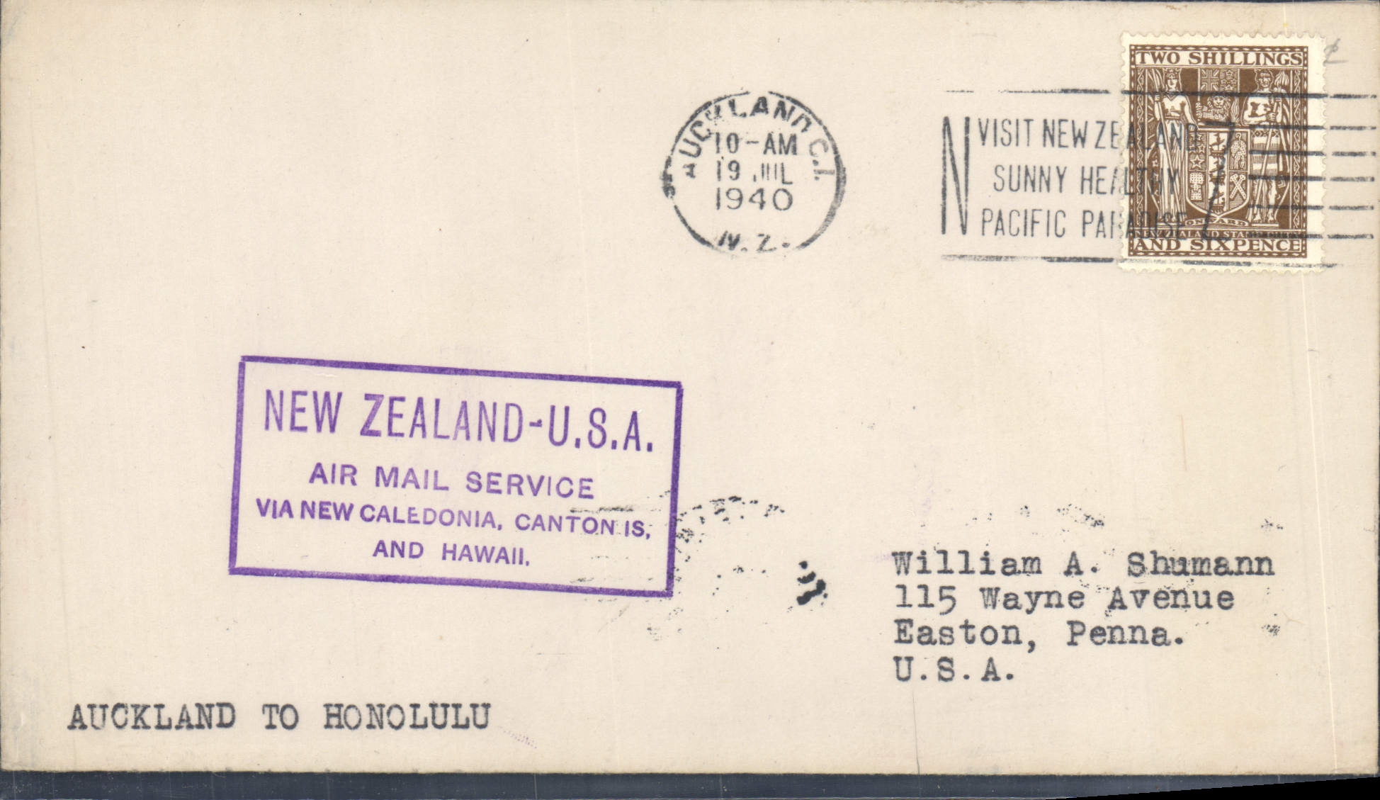 Lettre Etats Unis 1st flight Auckland to Honolulu Hawaii 19 7 1940