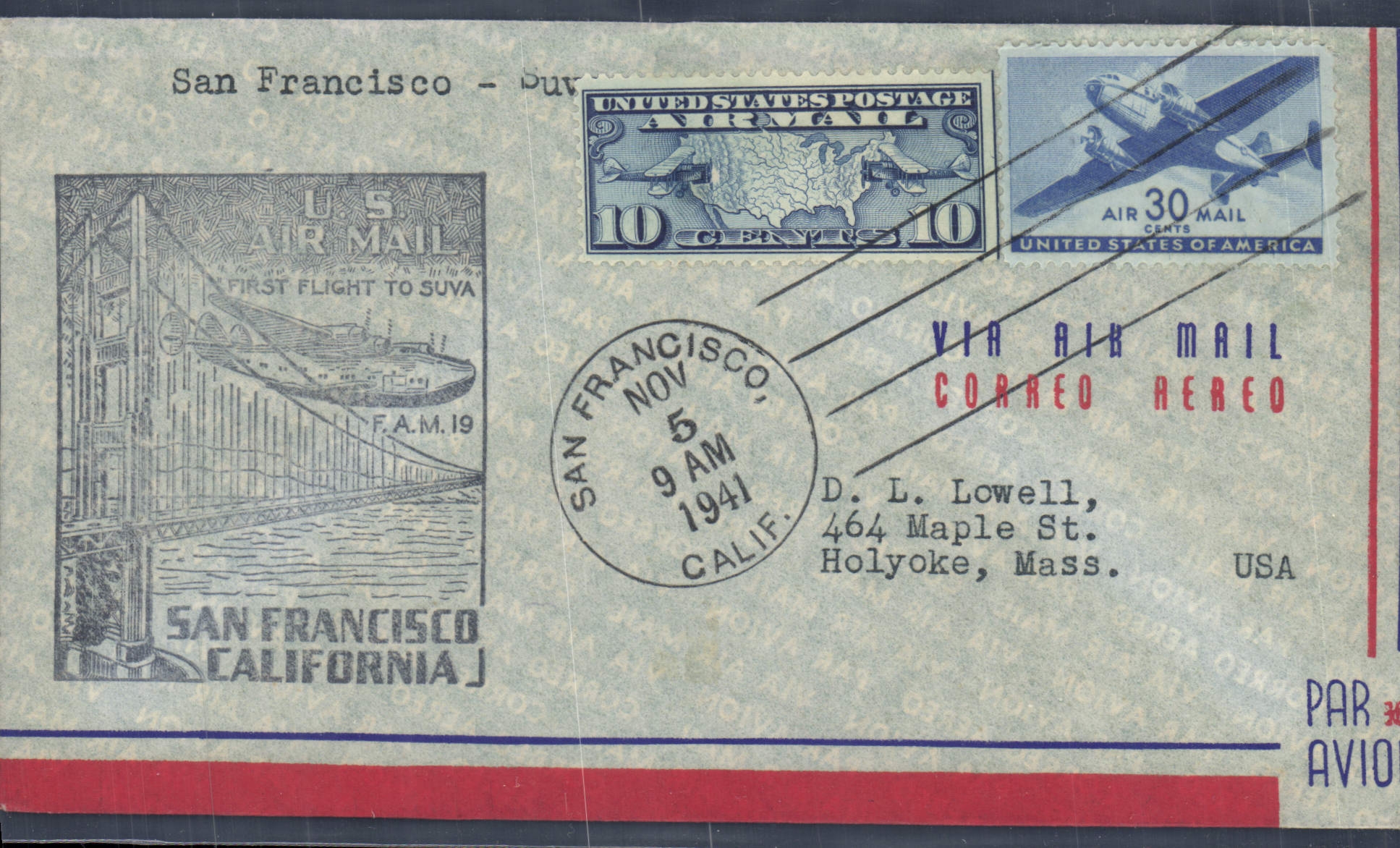 Lettre Etats Unis 1st flight San Francisco Suva Holyoke 5 11 1941