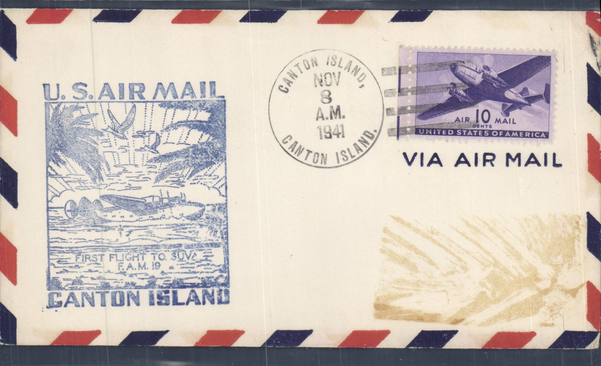 Eerste vlucht naar Canton Island — Antieke luchtbrief van de VS — Canton Island, 8 november 1941