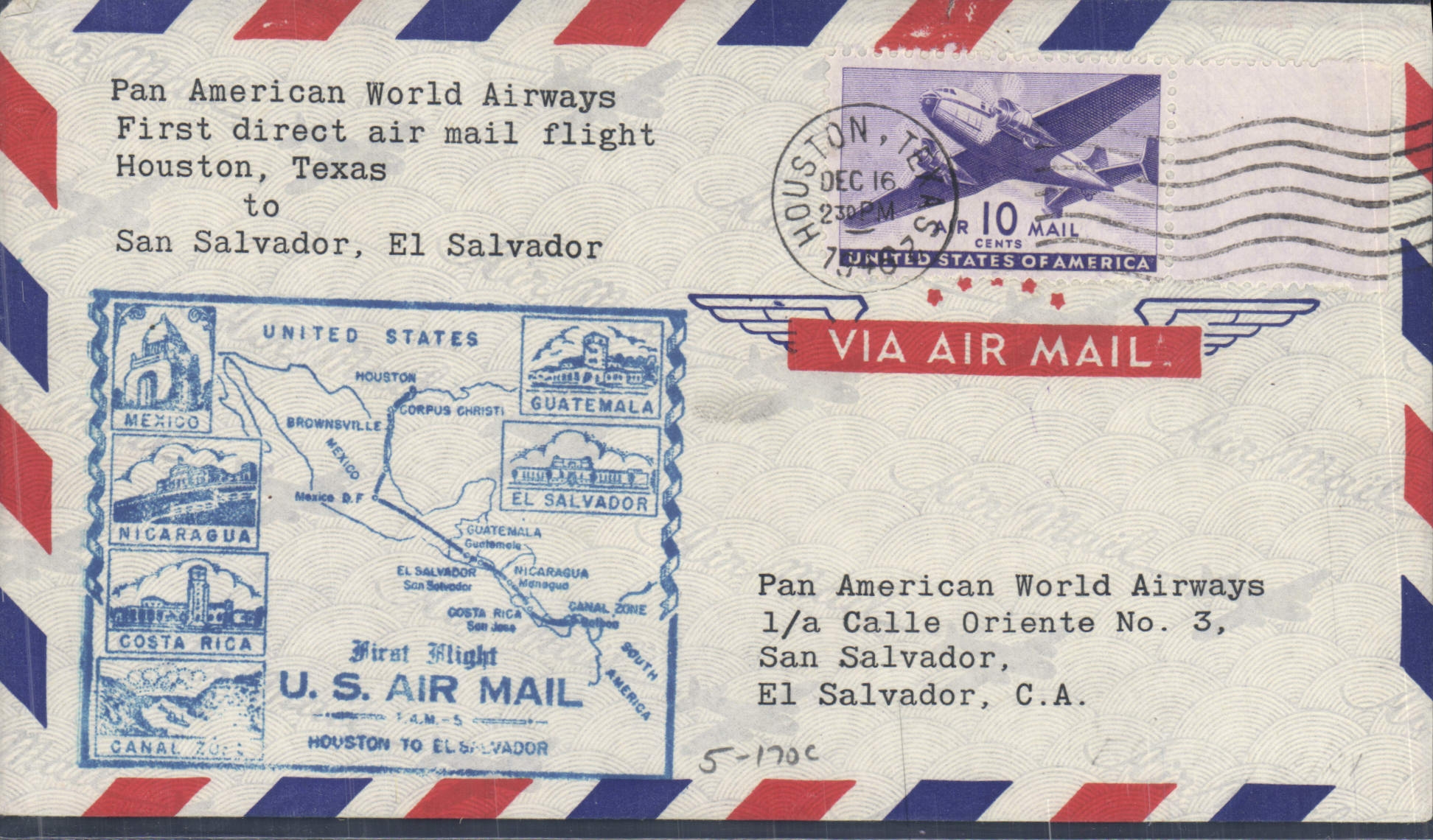 Lettre Etats Unis 1st flight Houston to San Salvador El Salvador 16 12 1946
