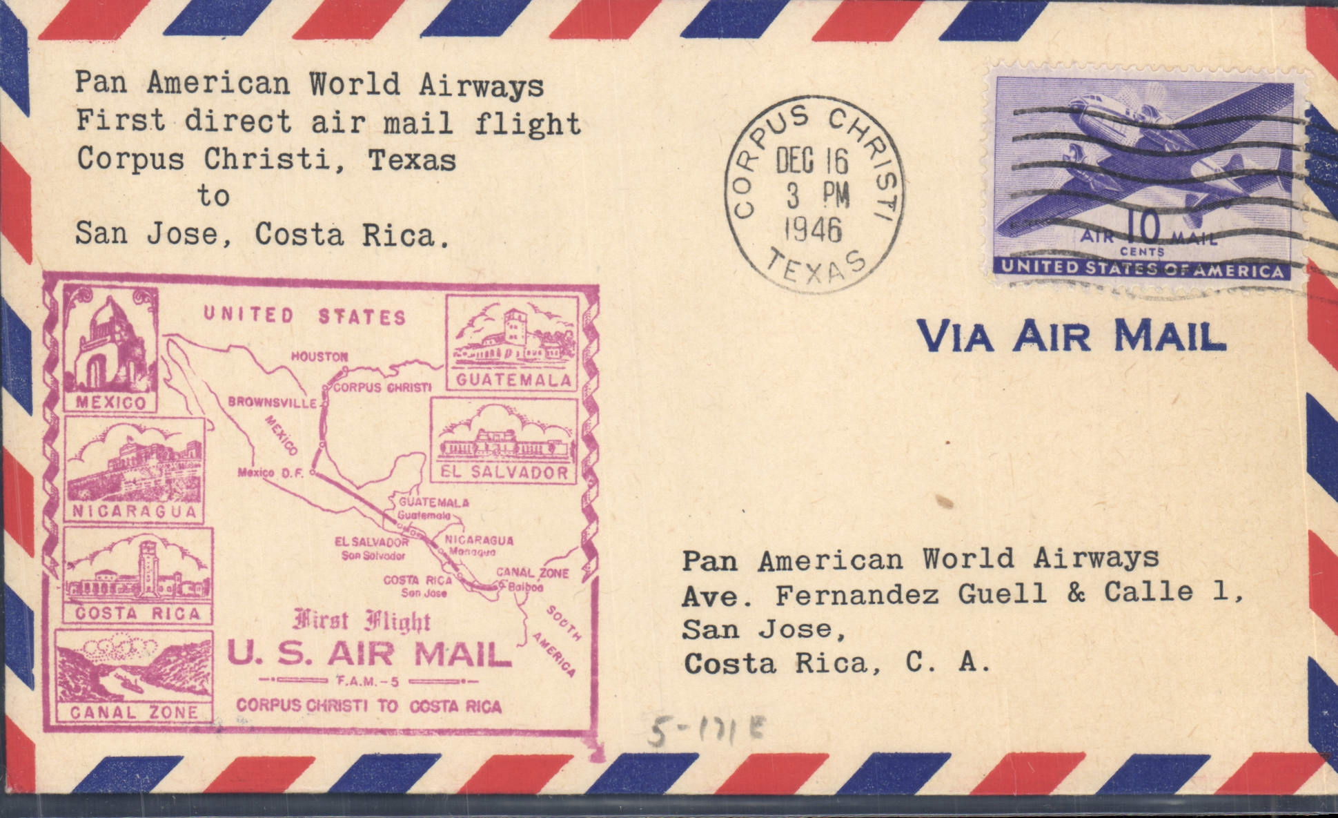 Primo volo aereo diretto Corpus Christi - San José — Pan American World Airways — 1946