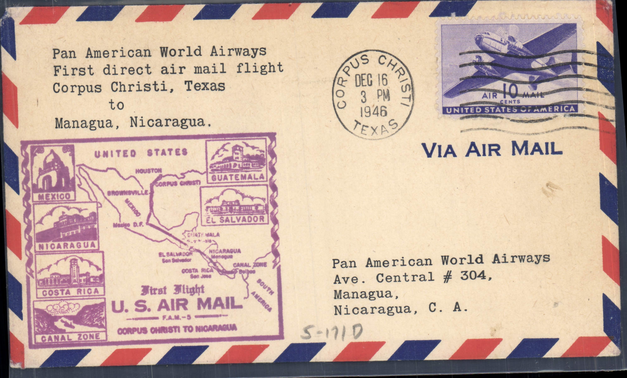 Eerste directe luchtvaart Corpus Christi, Texas — Managua, Nicaragua — Pan American World Airways — Amerikaanse luchtbrief