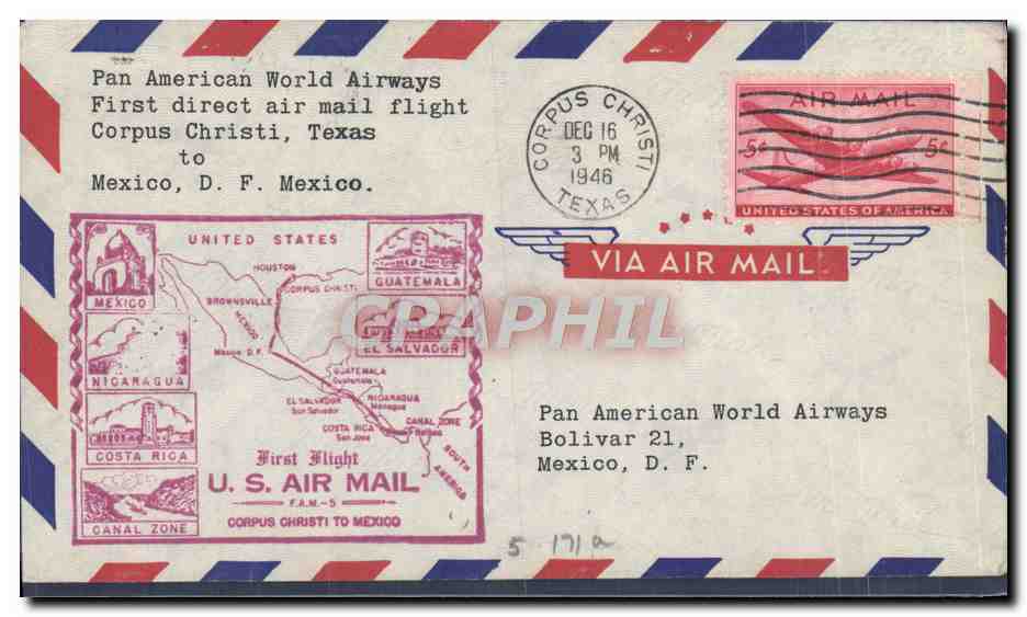 Lettre Etats Unis 1st flight Corpus Christi Texas Mexico 16 12 1946