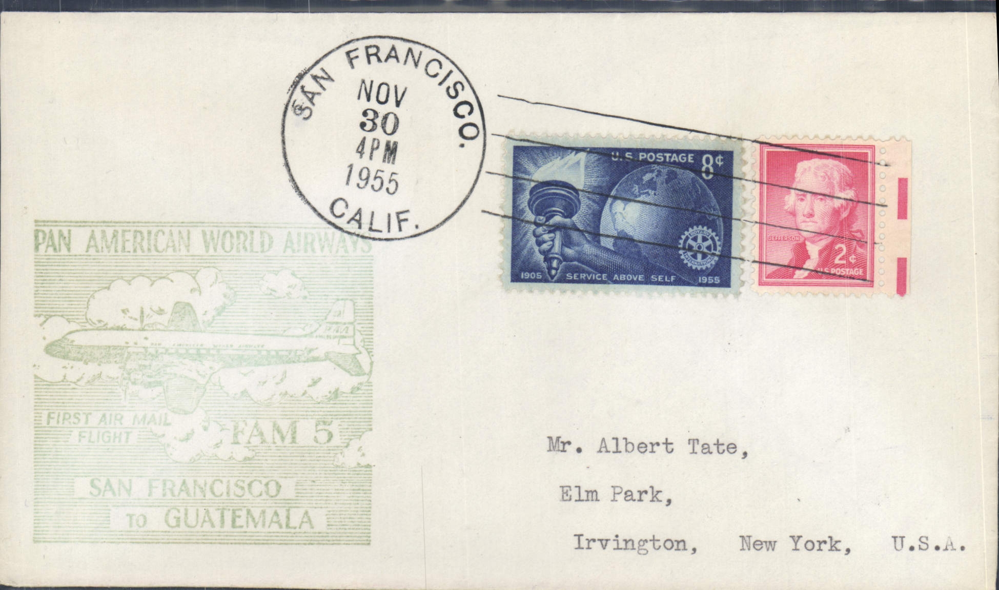 San Francisco — eerste vliegtuigvlucht Pan American World Airways naar Guatemala — uitgever Pan American World Airways, nr. FAM 5