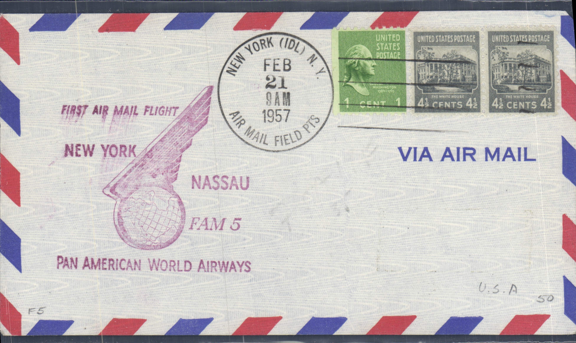 Eerste luchtbriefpostvlucht New York-Nassau — Pan American World Airways — 21 februari 1957