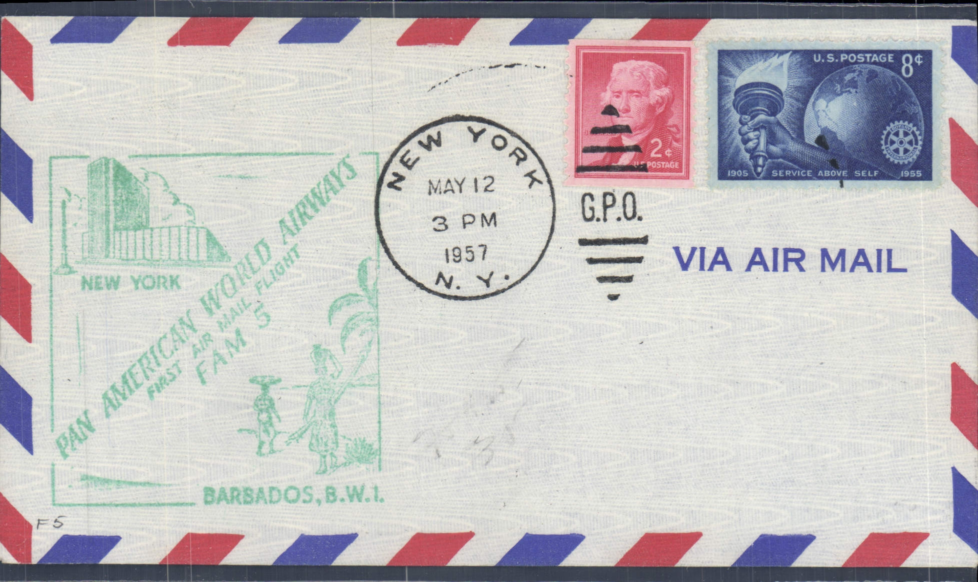Primer vuelo aéreo mundial Pan American World Airways — New York — Barbados, B.W.I. — G.P.O. New York