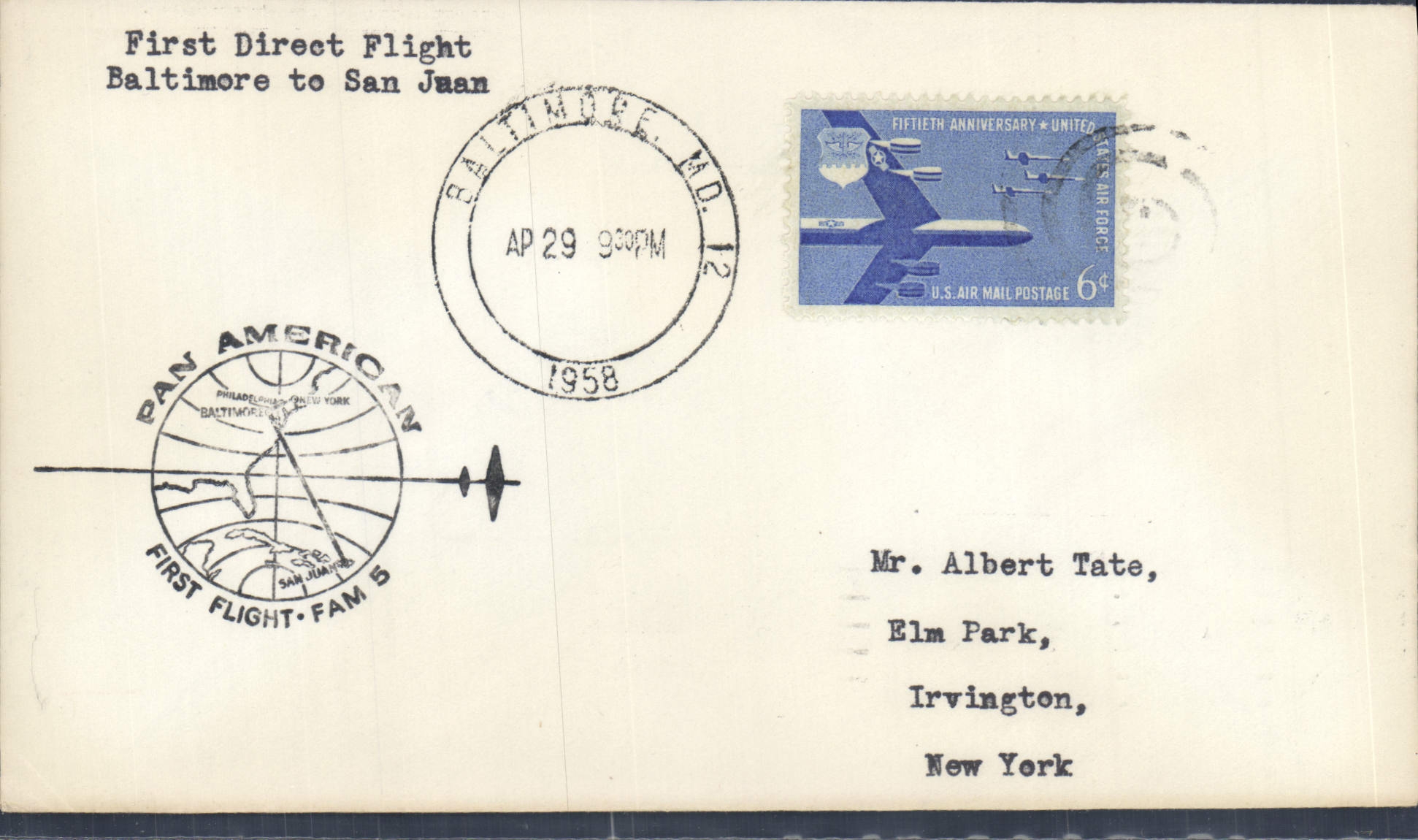 Eerste directe vlucht Baltimore naar San Juan — Pan American — 1958