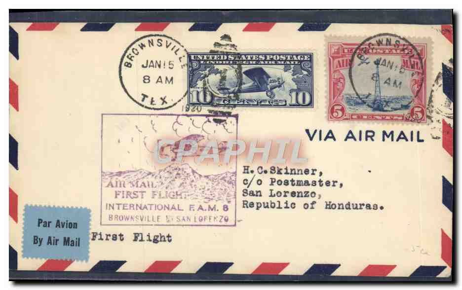 Lettre Etats Unis 1st Flight FAM 8 Brownsville San Lorenzo 15 1 1930