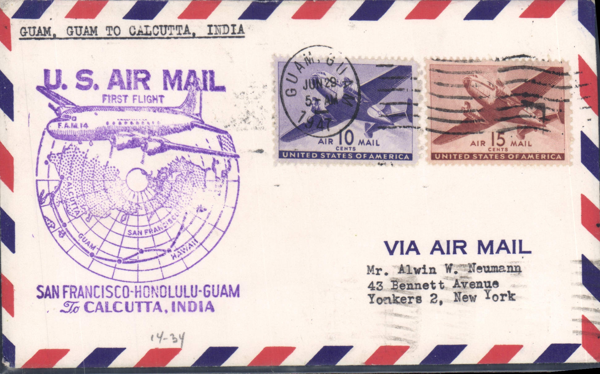 Primo volo Guam a Calcutta, India — editore U.S. Air Mail, n° serie F.A.M.14