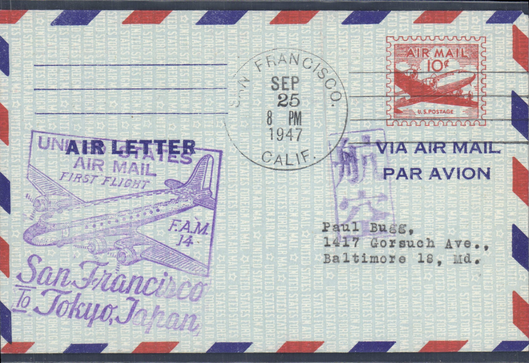 San Francisco — primer vuelo aéreo hacia Tokio — Tarjeta postal antigua United States Air Mail