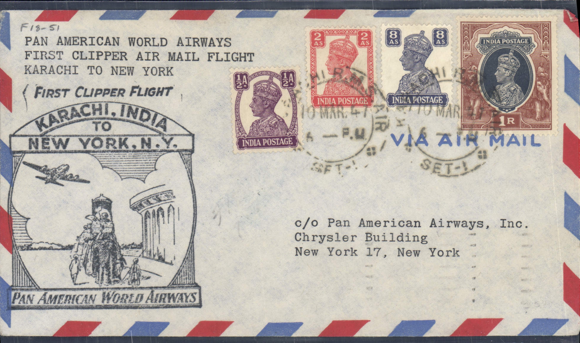 Lettre Inde Karachi to New York 10 3 1947