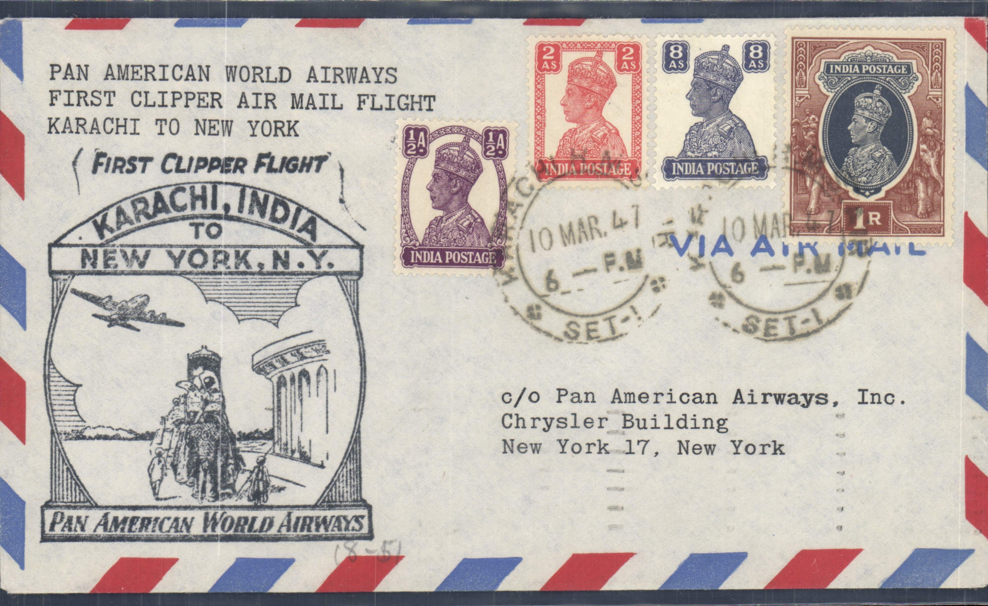 Lettre Inde Karachi to New York 10 3 1947 Elephant