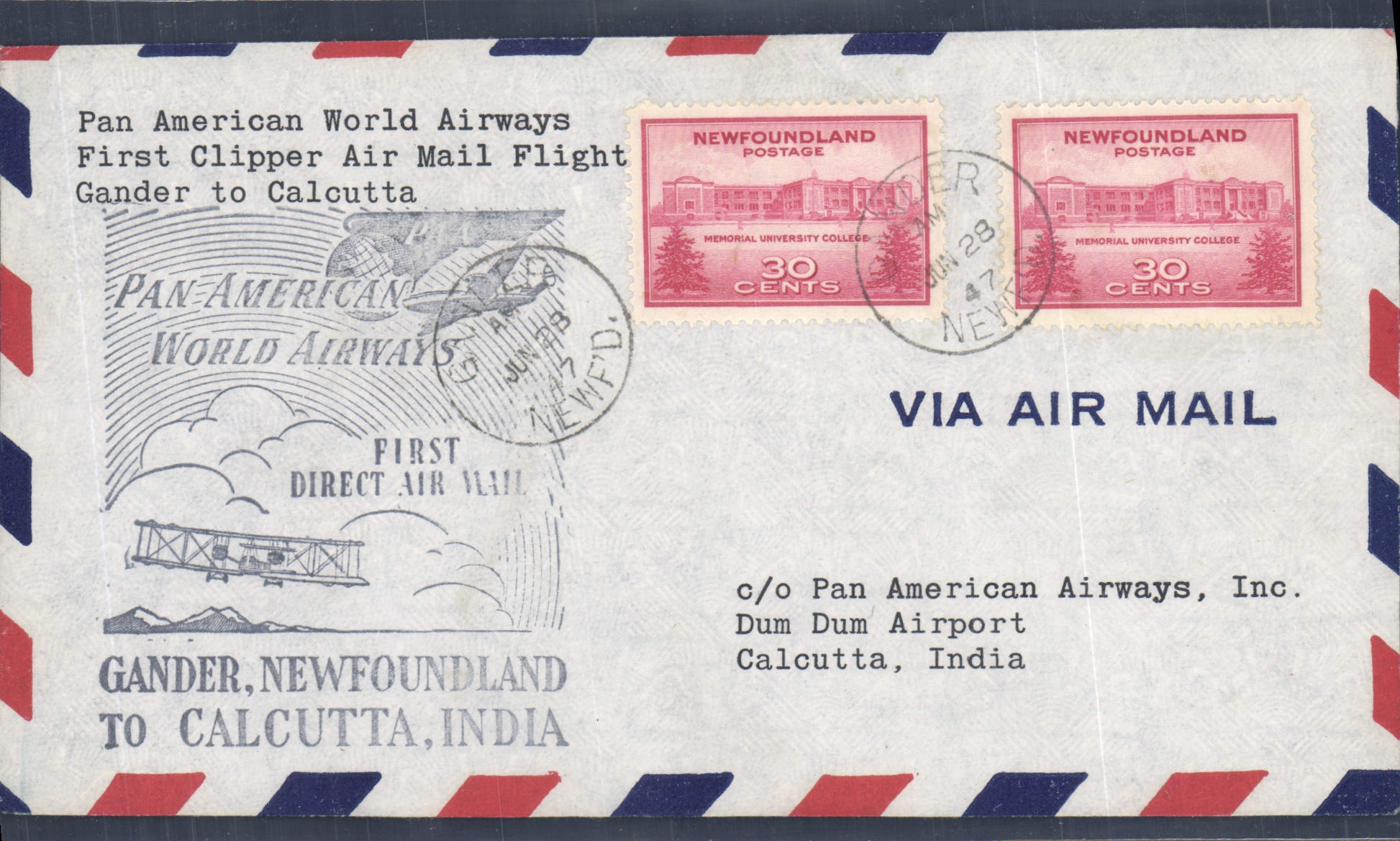 Lettre Newfoundland Gander to Calcutta 28 6 47