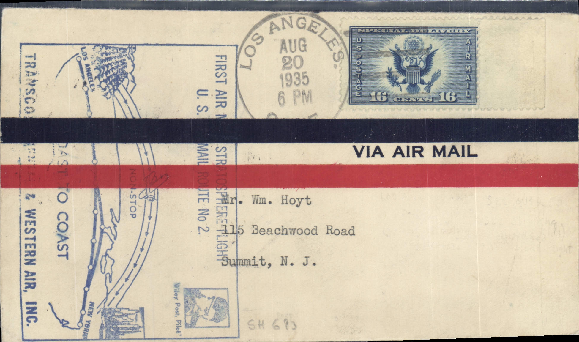 Los Angeles — Premier vol aérien transcontinental — Transco & Western Air, Inc. — 16 cents