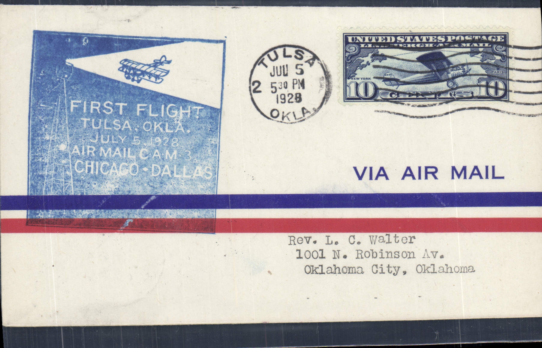 Premier vol Tulsa-Oklahoma City-Dallas — 5 juillet 1928 — poste aérienne