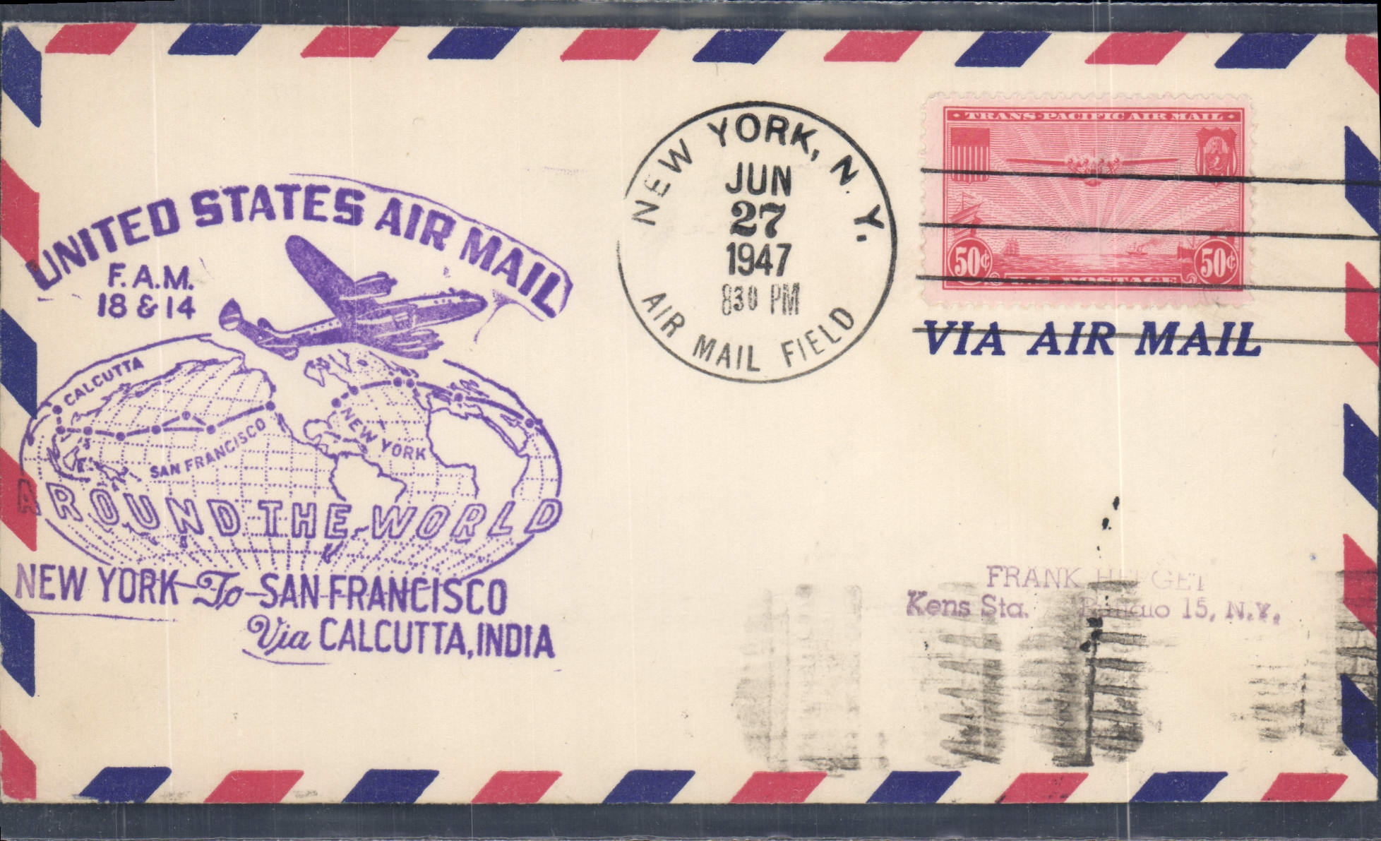 New York — San Francisco vía Calcuta, India — United States Air Mail