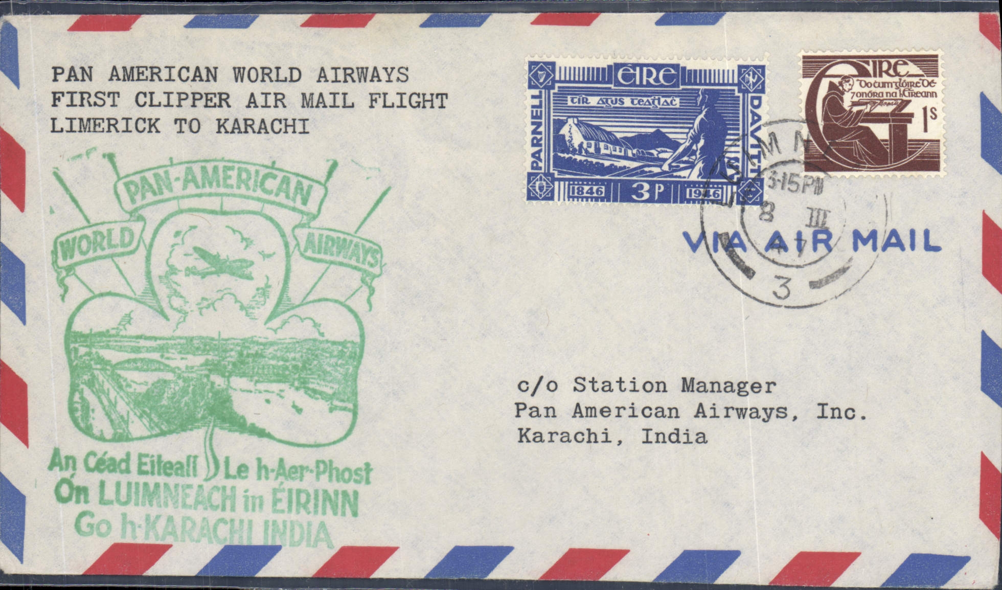Lettre Irlande Limerick Karachi 8 3 1947