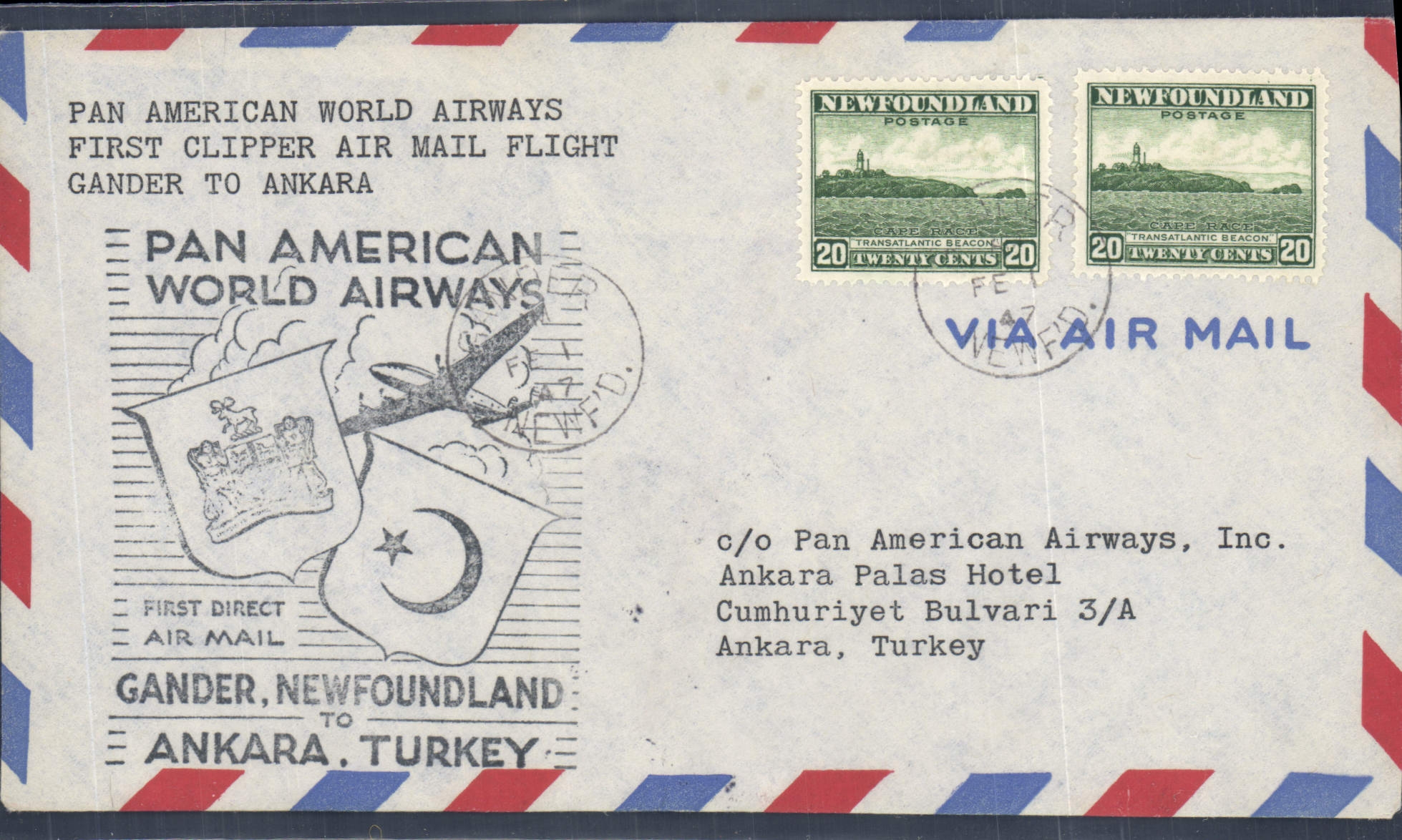 Lettre Newfoundland Gander Ankara Turquie 17 2 1947