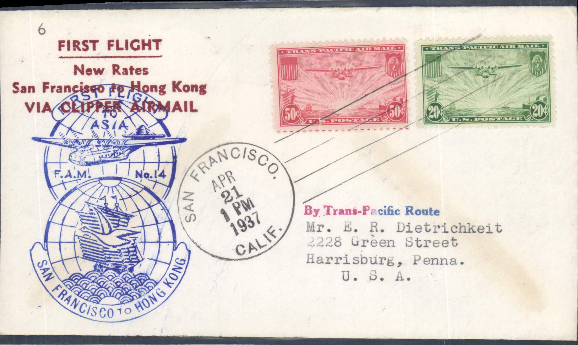 Eerste vlucht San Francisco-Hong Kong — via Clipper Air Mail — Trans-Pacific Air Mail — uitgever F.A.M. No.14