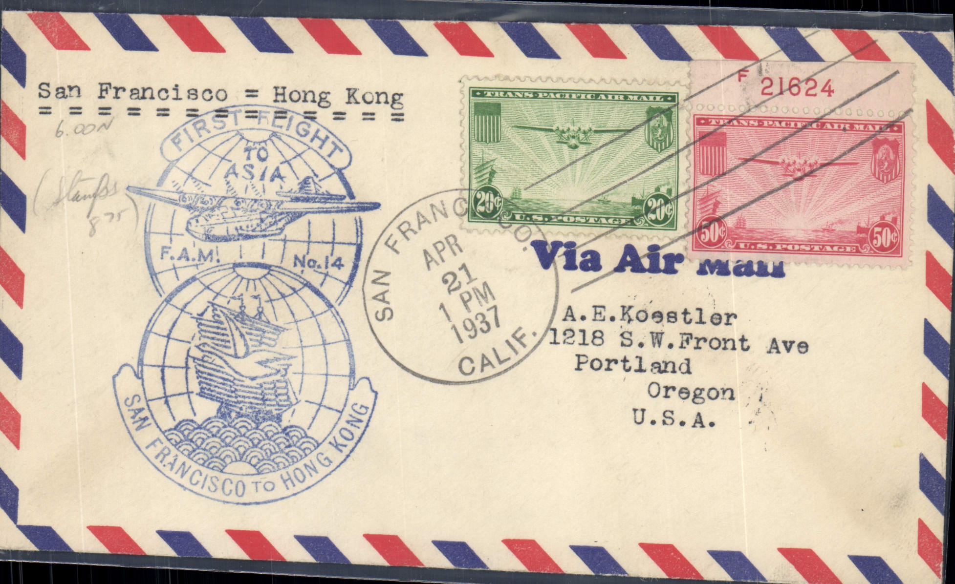Lettre Etats Unis 1st Flight San Francisco Hong Kong chine China 21 4 1937