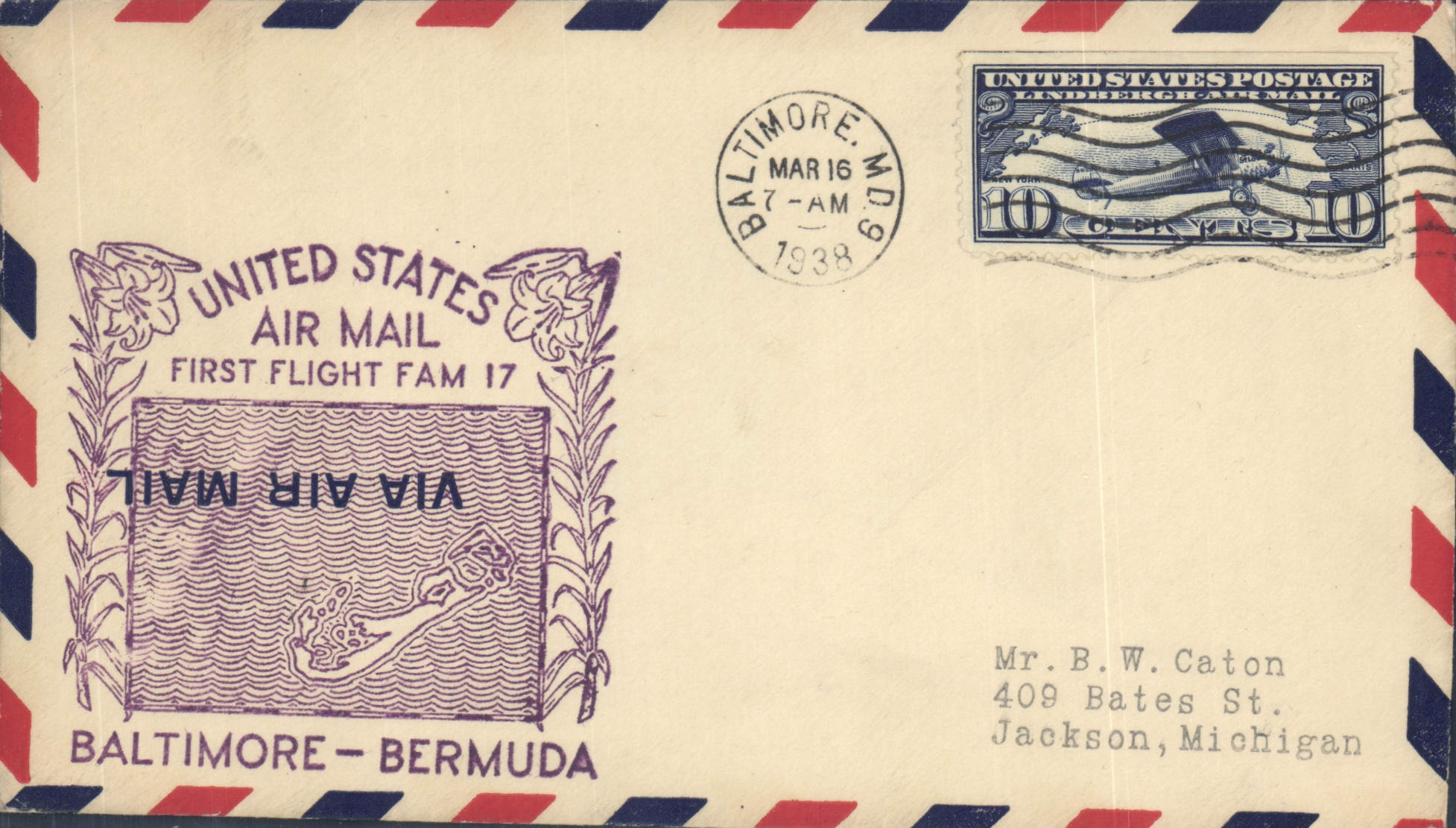 Baltimore - Bermuda — primo volo aereo FAM 17 — Cartolina d'epoca degli Stati Uniti per posta aerea