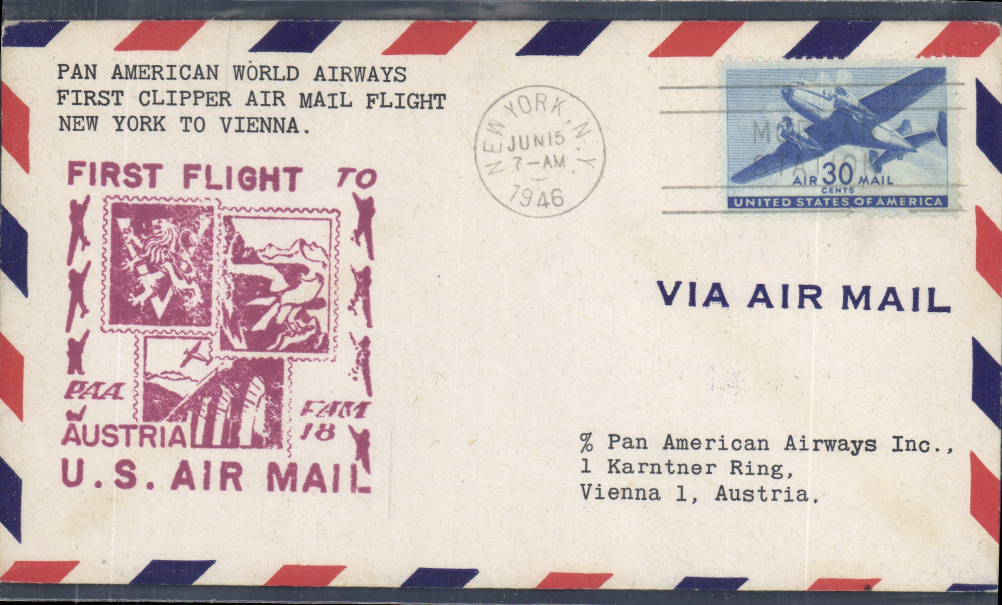 Lettre Etats Unis 1st Flight PAA FAM 18 New Yokr Vienna 15 6 1946 Lion