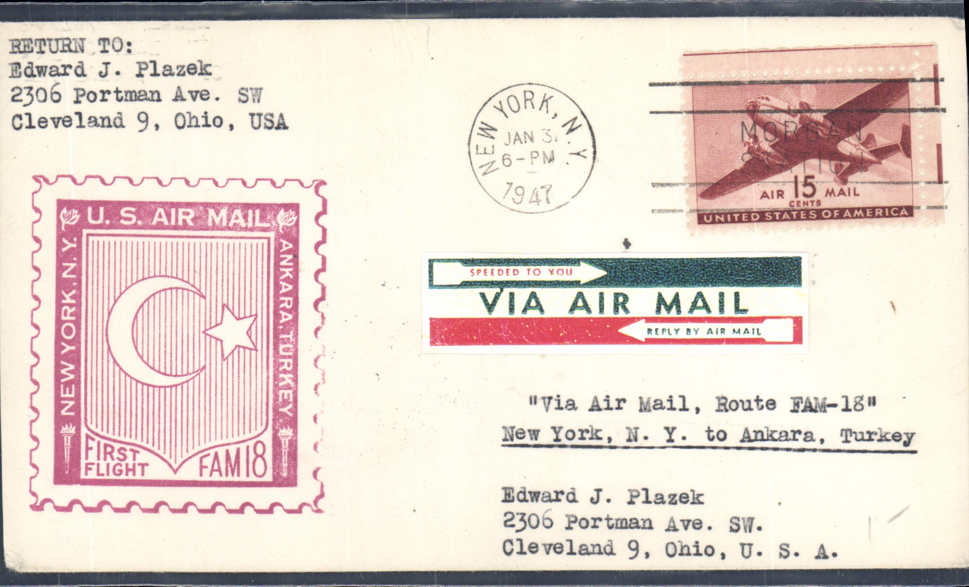 New York, N.Y. — primer vuelo hacia Ankara, Turquía — Correo aéreo de EE.UU.