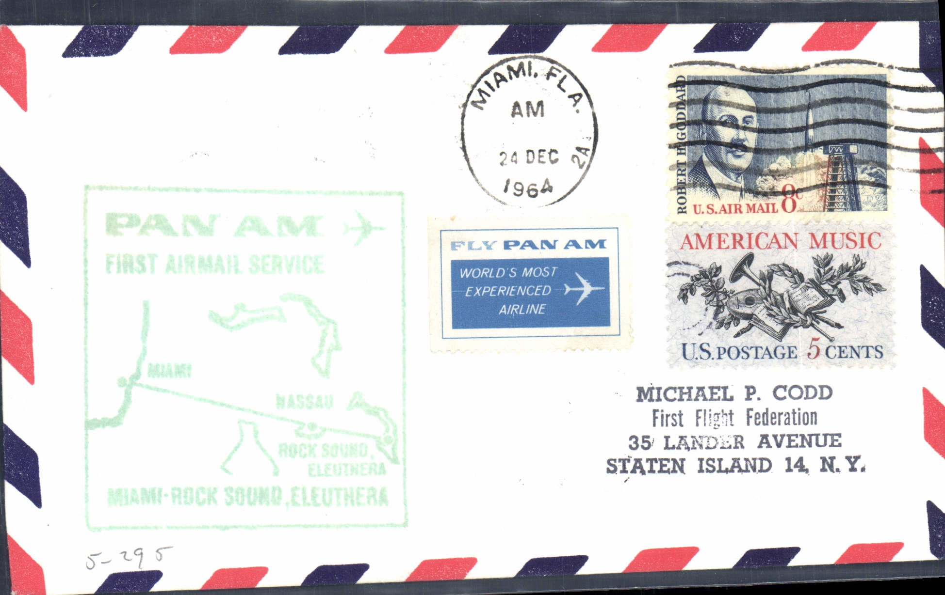 Miami - Rock Sound, Eleuthera — Pan Am Luftpostdienst — Verlag Pan Am, Seriennummer nicht sichtbar