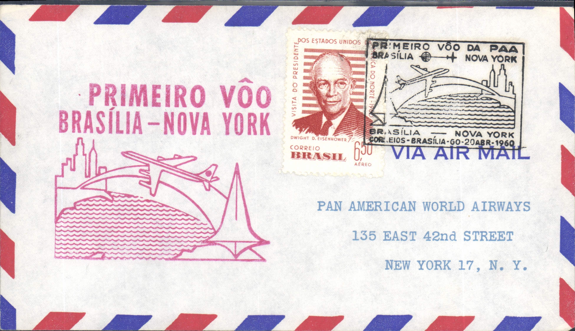 Lettre Bresil Brasilia to New York 20 4 1960