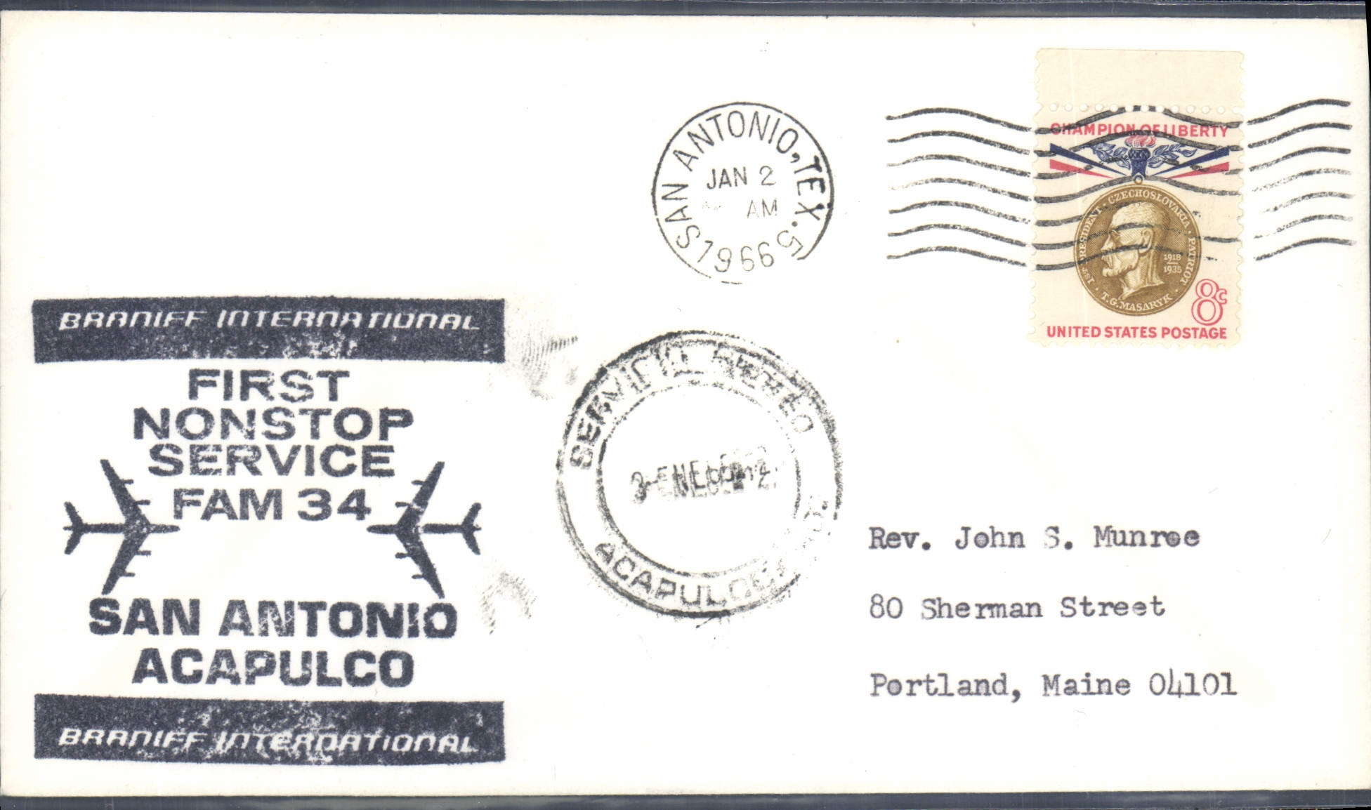 Lettre Etats Unis 1st flight San Antonio Acapulco 2 1 1966