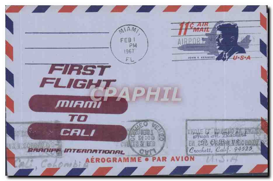 Aerogramme Etats Unis Miami Cali Braniff 1 2 1967 Kennedy 