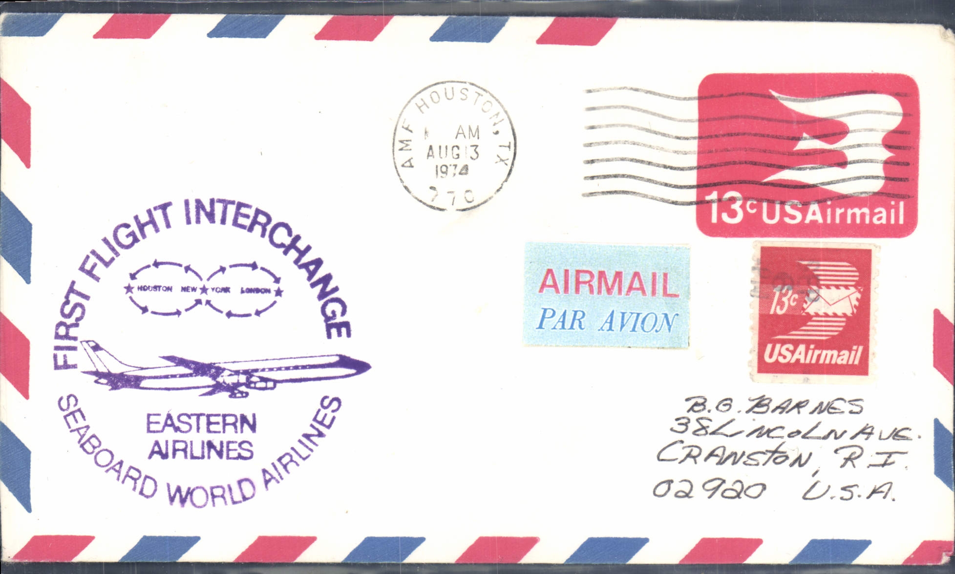 Lettre Etats Unis 1st flight Eastern Airlines Houston 13 8 1974
