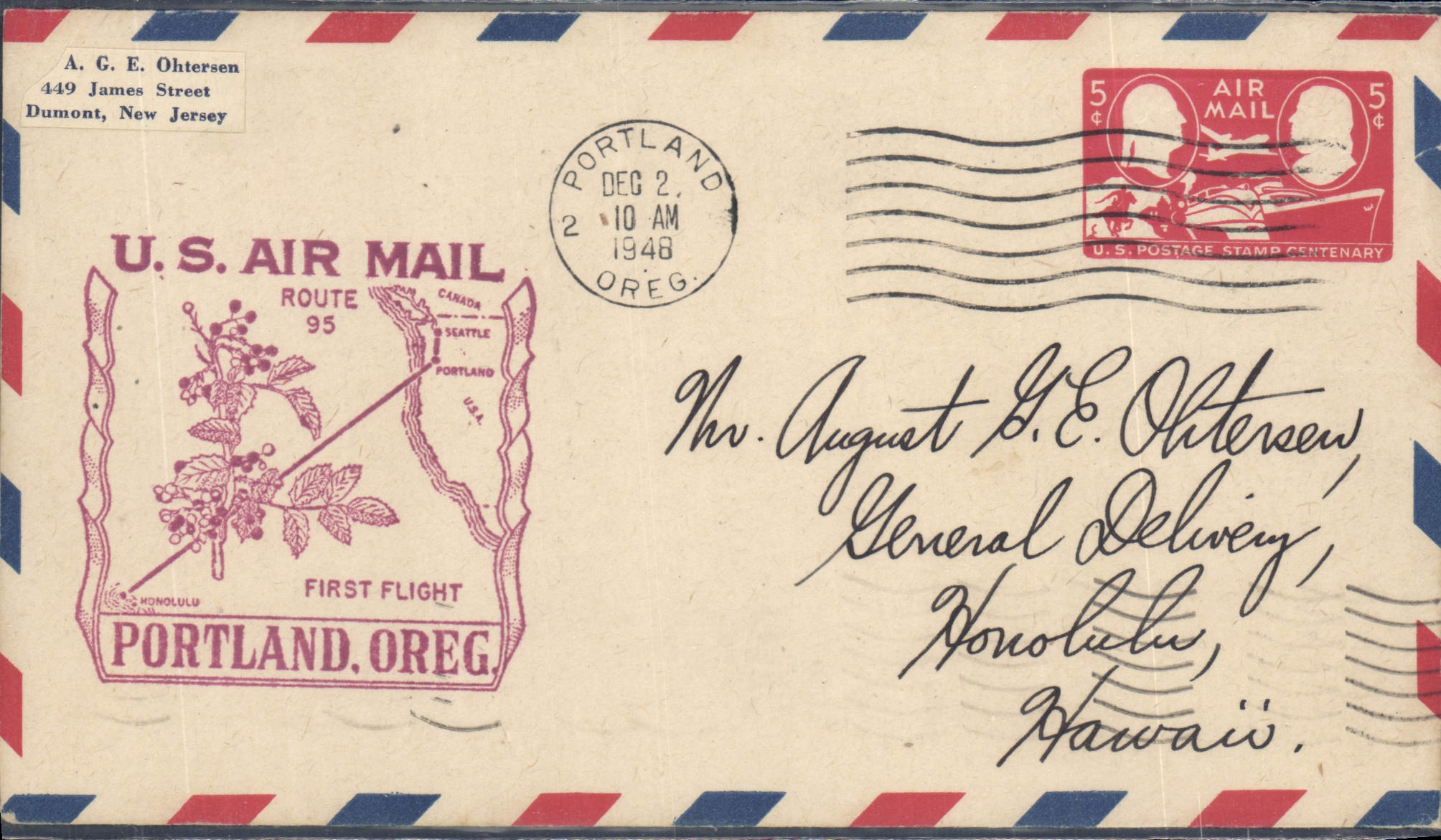 Portland, Oregon — Eerste vlucht — U.S. Air Mail Route 95 — uitgever U.S. Postage Stamp Centenary