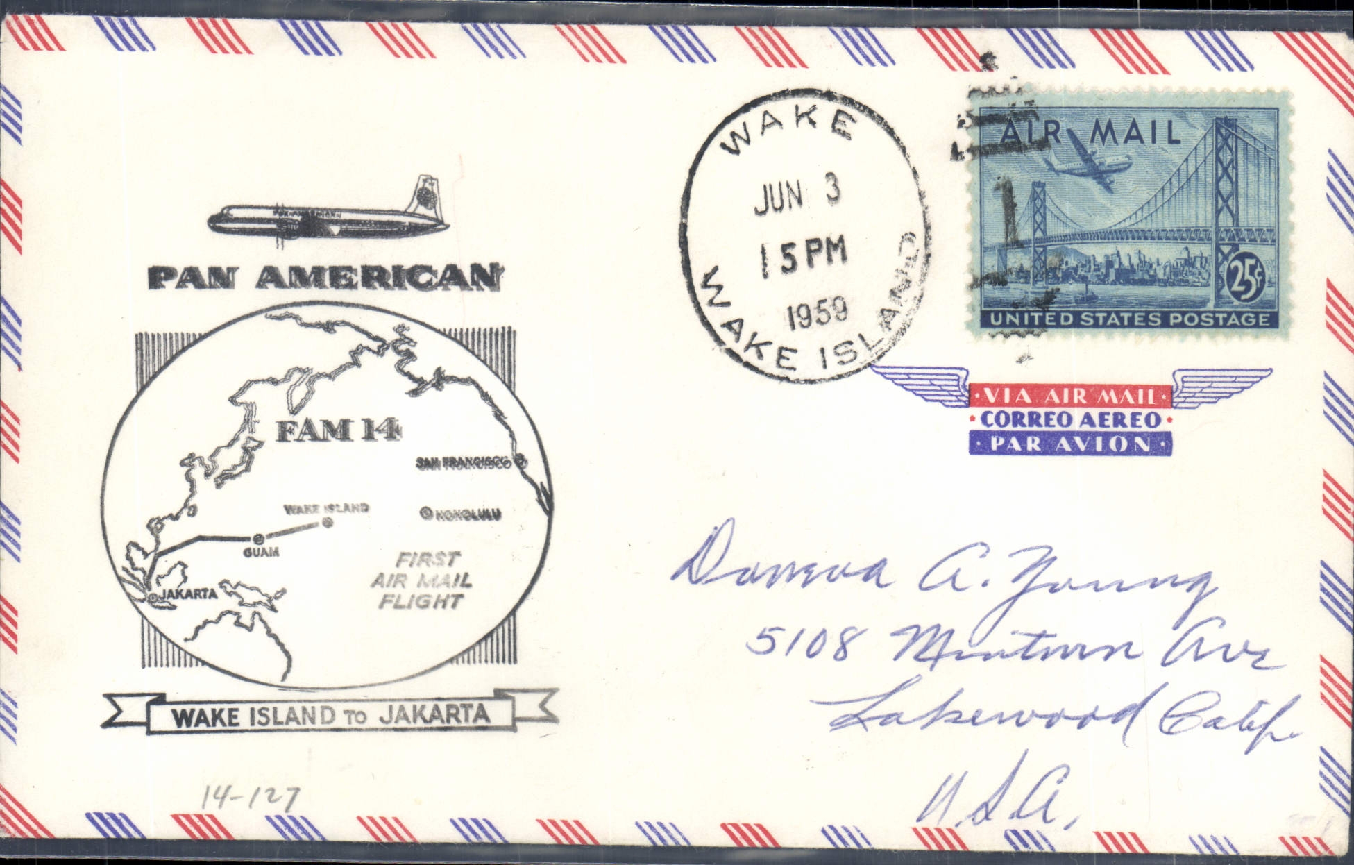 Lettre Etats Unis 1st flight Wake island to Djakarta 3 6 1959
