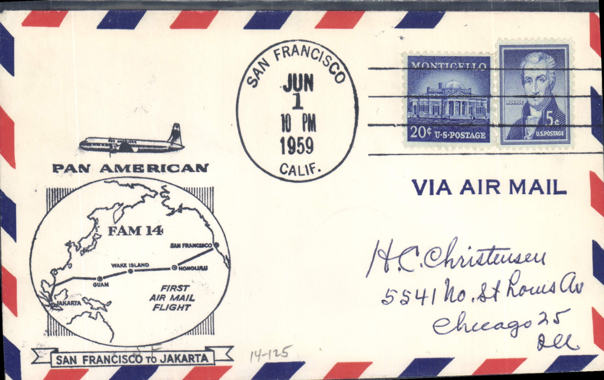 San Francisco naar Jakarta — Eerste luchtbriefpostvlucht van Pan Am — uitgever Pan American