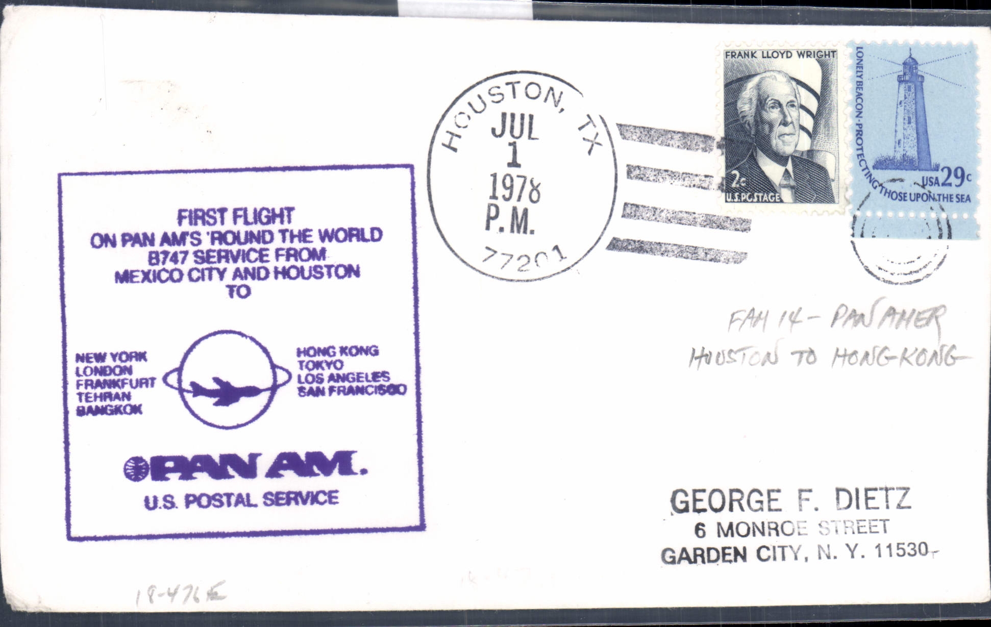 Lettre Etats Unis 1st flight Mexico to Houston Hong Kong Chine China 1 7 78