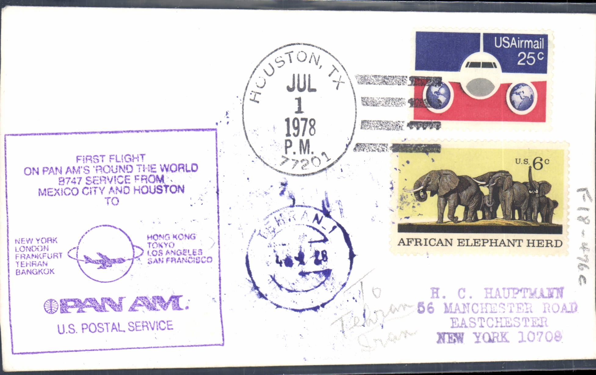 Lettre Etats Unis 1st flight Mexico to Houston 1 7 78 Elephant
