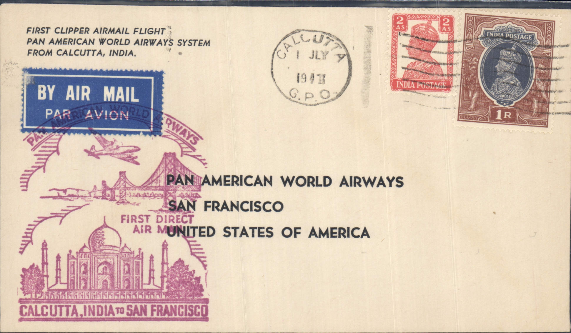 Lettre Inde Calcutta 1 7 1947 San Francisco